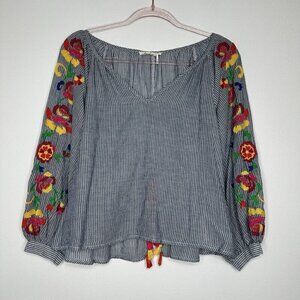 Anthropologie Floreat Embroidered Soleil Top Size XS Floral Stripe Tassels Blue